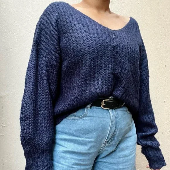 Blue Knit Cropped Drop Shoulder Sweater - Picture 3 of 3